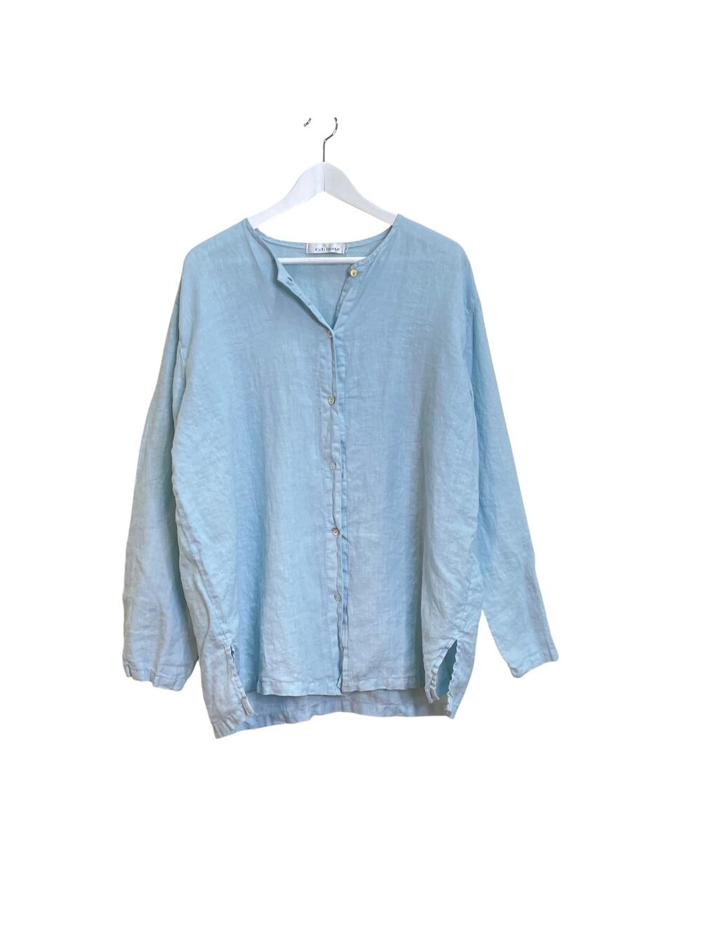 Cut Loose Light Blue 100% Linen Long Sleeve Button Up Oversized Tunic Shirt Sz L